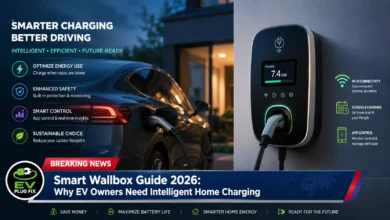 Modern smart wallbox charging an electric vehicle in a home garage setup 2026
