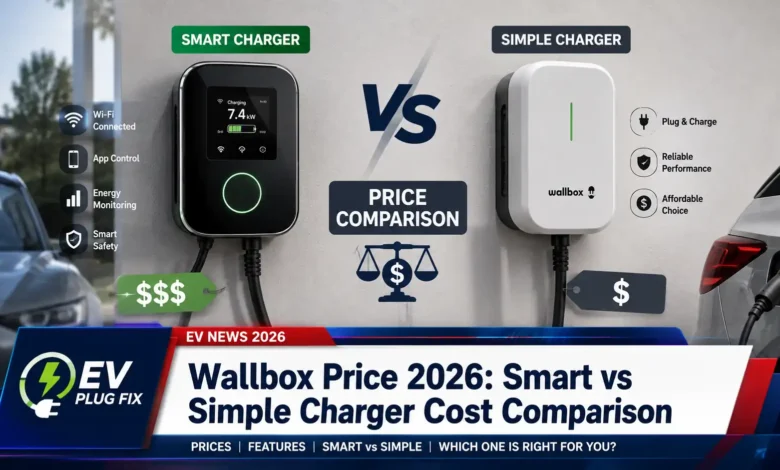Modern smart wallbox installed on residential garage wall charging an electric vehicle