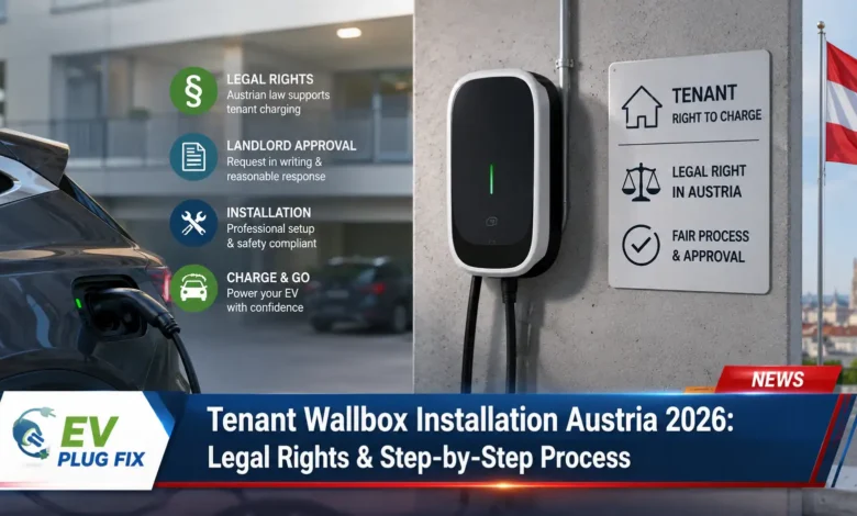 Professional wallbox installation in Austrian apartment parking garage with electric vehicle charging cable connected