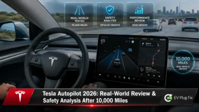 Tesla Model 3 driving on a sunny highway with Autopilot engaged displaying the 2026 interface