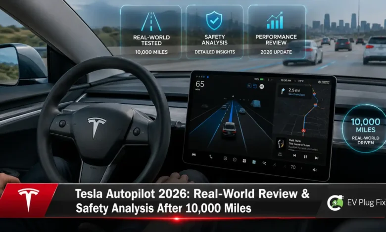 Tesla Model 3 driving on a sunny highway with Autopilot engaged displaying the 2026 interface