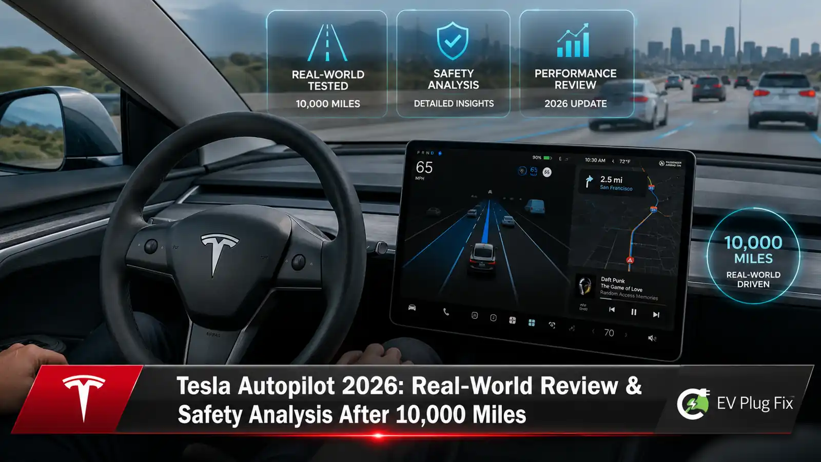 Tesla Model 3 driving on a sunny highway with Autopilot engaged displaying the 2026 interface