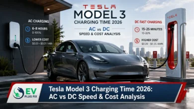 White Tesla Model 3 plugged into a modern go-eCharger home station in a well-lit garage, 2026 charging setup