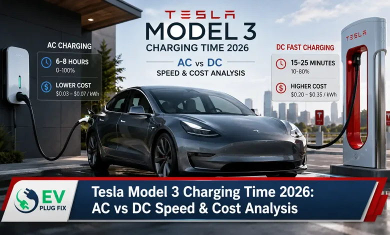 White Tesla Model 3 plugged into a modern go-eCharger home station in a well-lit garage, 2026 charging setup