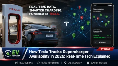 Tesla Supercharger station with vehicles charging and real-time stall availability displayed on a smartphone and car navigation screen