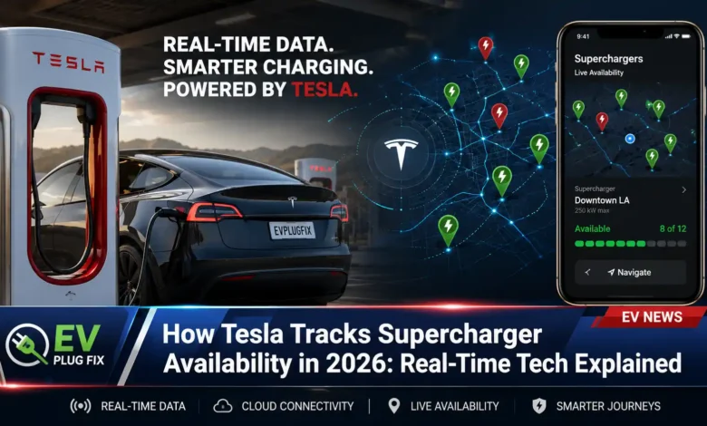 Tesla Supercharger station with vehicles charging and real-time stall availability displayed on a smartphone and car navigation screen