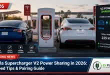 Tesla V2 Supercharger power sharing paired stalls 1A and 1B at a charging station in 2026