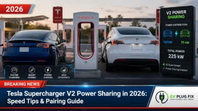 Tesla V2 Supercharger power sharing paired stalls 1A and 1B at a charging station in 2026