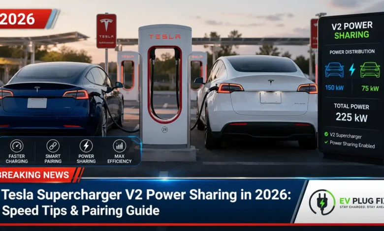 Tesla V2 Supercharger power sharing paired stalls 1A and 1B at a charging station in 2026