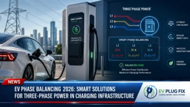 Three-phase EV charger phase balancing diagram showing load distribution across L1, L2, and L3 phases