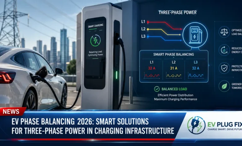 Three-phase EV charger phase balancing diagram showing load distribution across L1, L2, and L3 phases