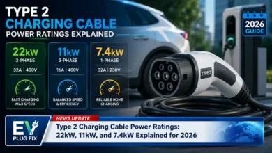 Close up of a Type 2 EV charging cable connector showing 22kW power rating label
