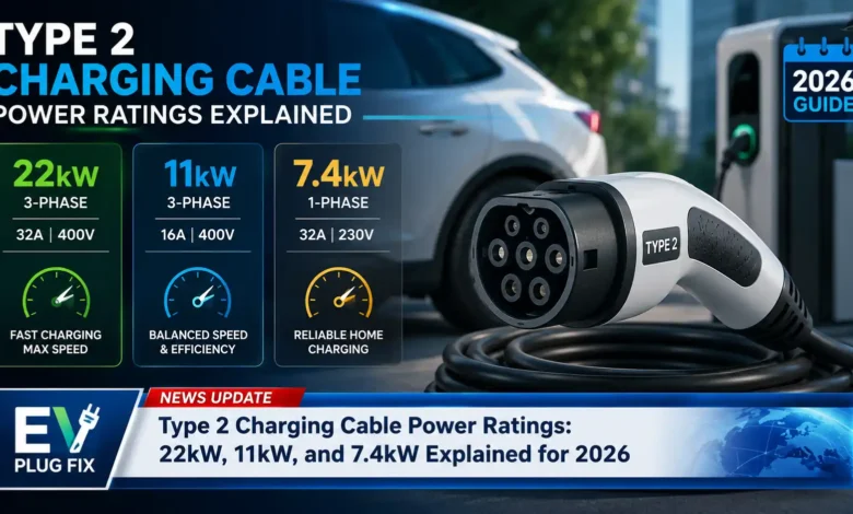 Close up of a Type 2 EV charging cable connector showing 22kW power rating label