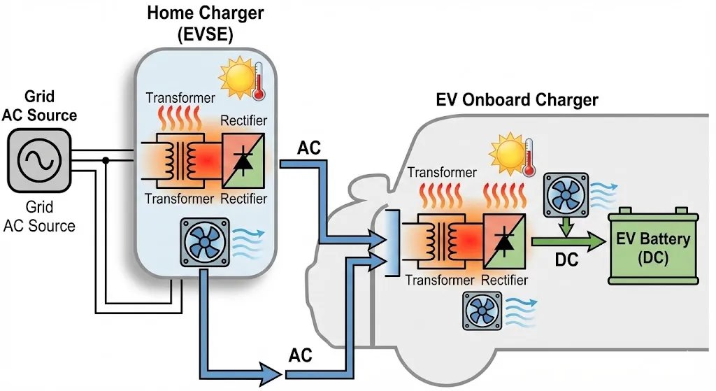 Diagram showing AC home charger power flow to an onboard EV battery, highlighting safe heat dissipation and efficient conversion.