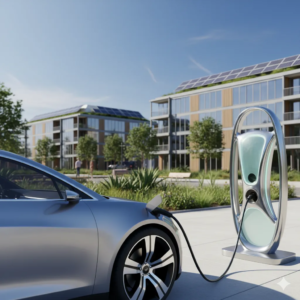 DC fast charging station at public EV charging hub with vehicle connected and charging session in progress