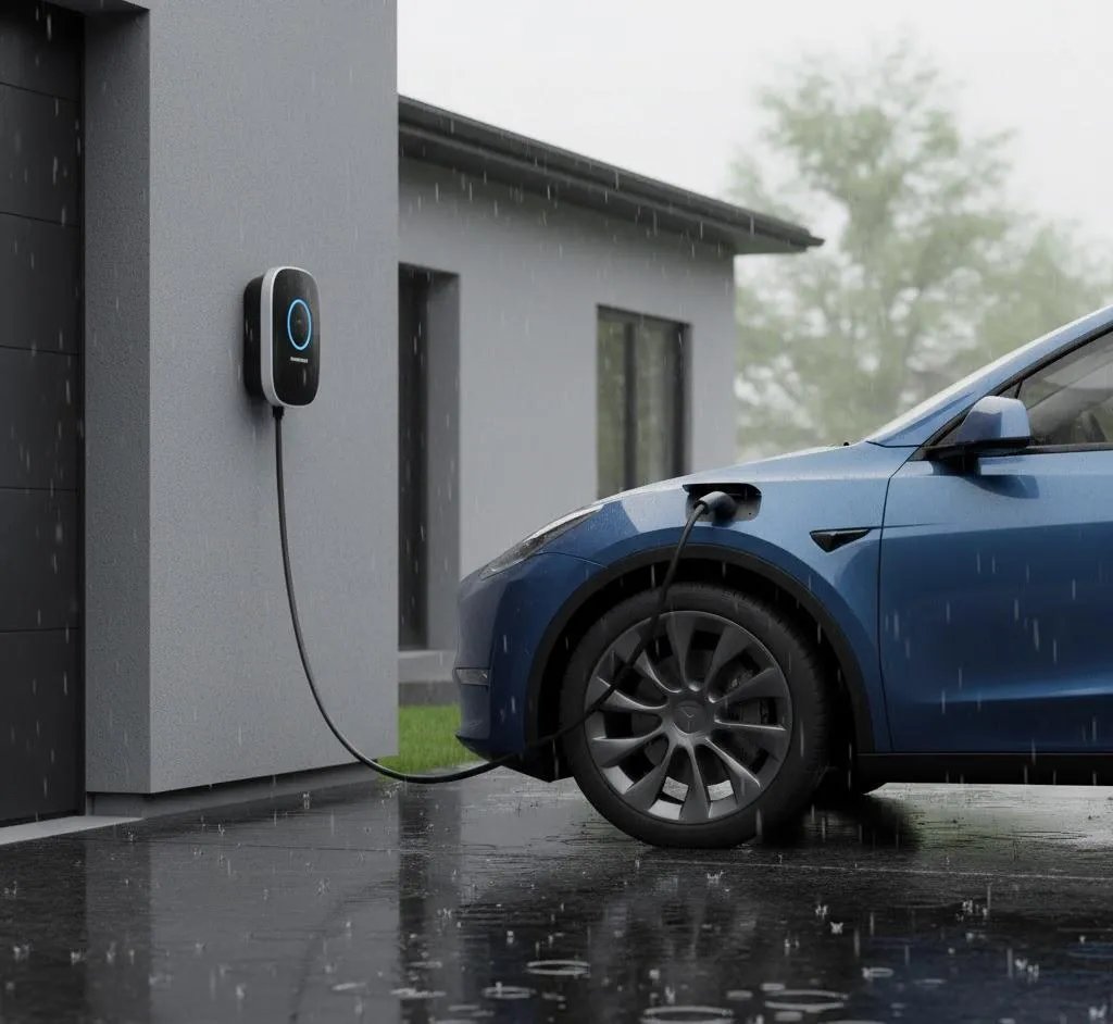 Diagram of smart EV charger safety features including RCD GFCI and BMS protection systems