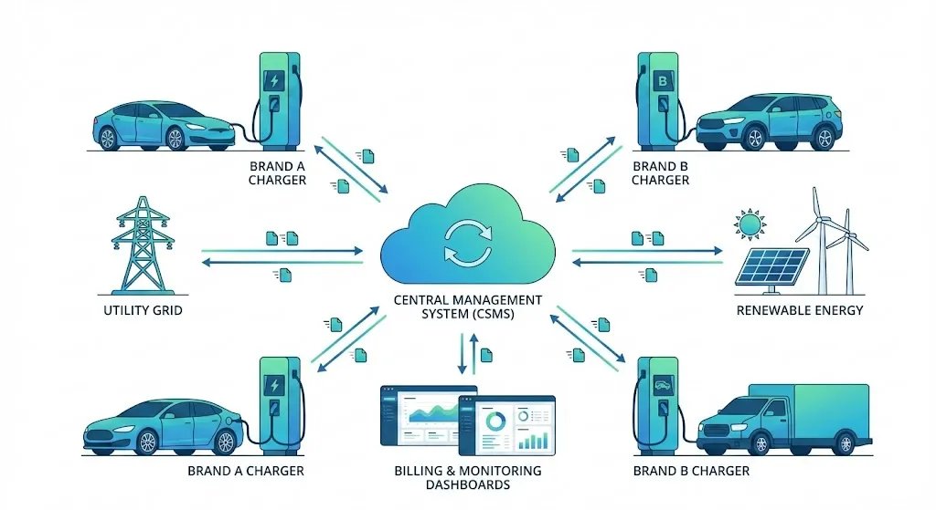 Smart charging load management balancing EV power distribution using OCPP 2.1 at a multi-charger site in 2026