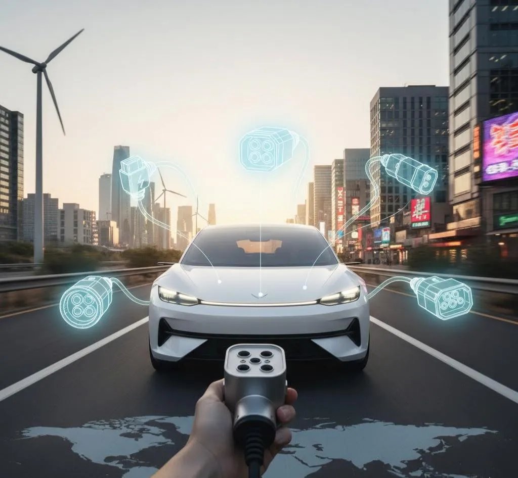 Comparison chart of global EV charging connector standards including NACS, CCS1, CCS2, CHAdeMO, and GB/T for international travel