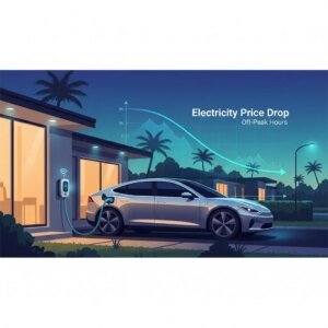 Informative bar chart comparing annual EV charging costs between on-peak and off-peak electricity rates across several U.S. states