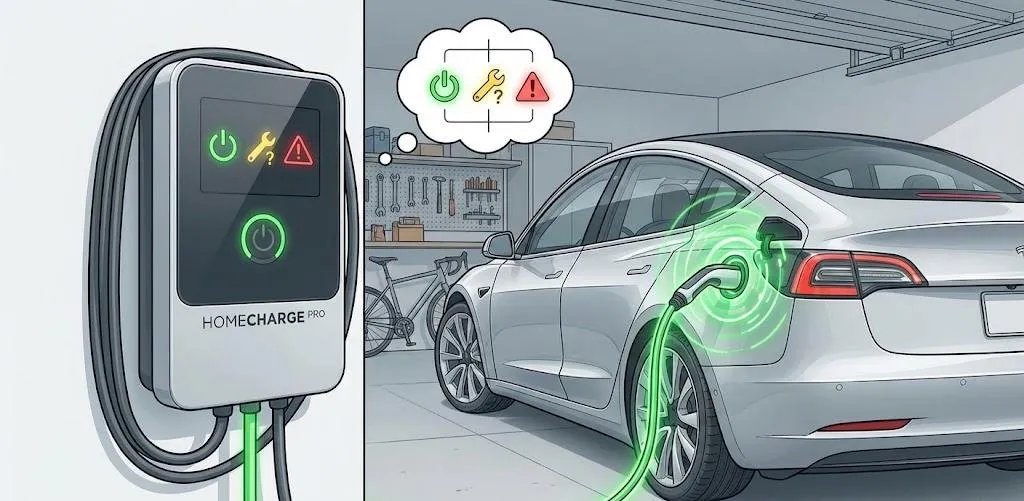 Smart EV charger display panel showing error codes and diagnostic status indicators for troubleshooting