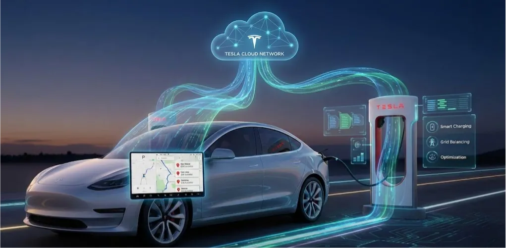 Tesla navigation screen displaying a route with real-time Supercharger stall icons and live availability numbers on a map