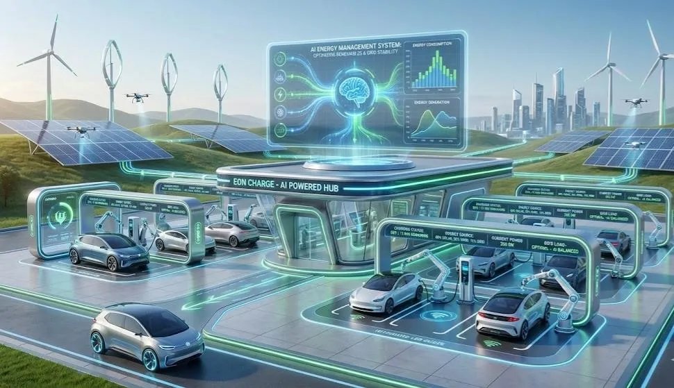 AI-powered EV battery management system dashboard showing state of health, charging optimization, and predictive maintenance data