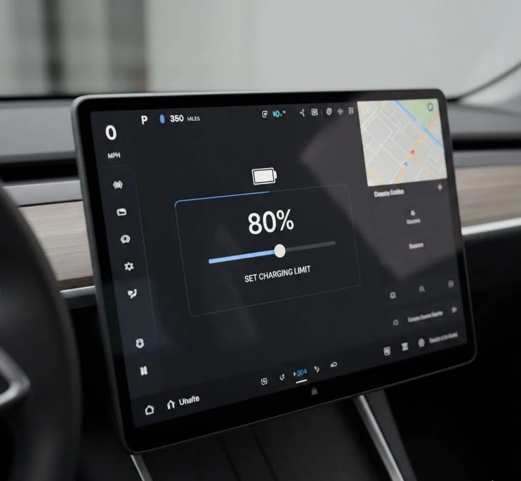 Tesla touchscreen display showing charge limit slider set to 80 percent with battery percentage indicator