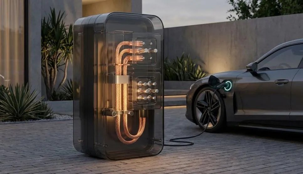 Durable PC+ASA EV charger housing undergoing impact and weather resistance testing in outdoor conditions