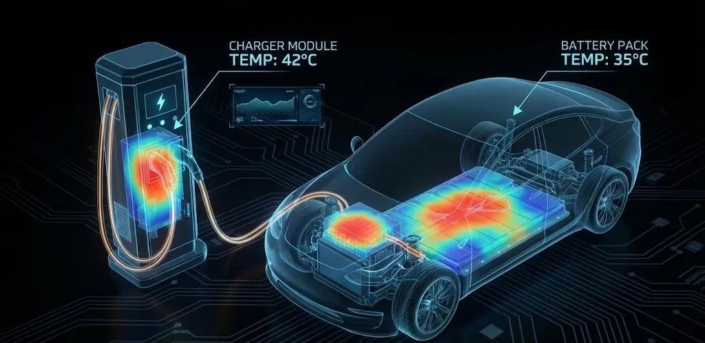 Battery thermal management system with temperature sensors monitoring EV battery pack cells for optimal charging safety