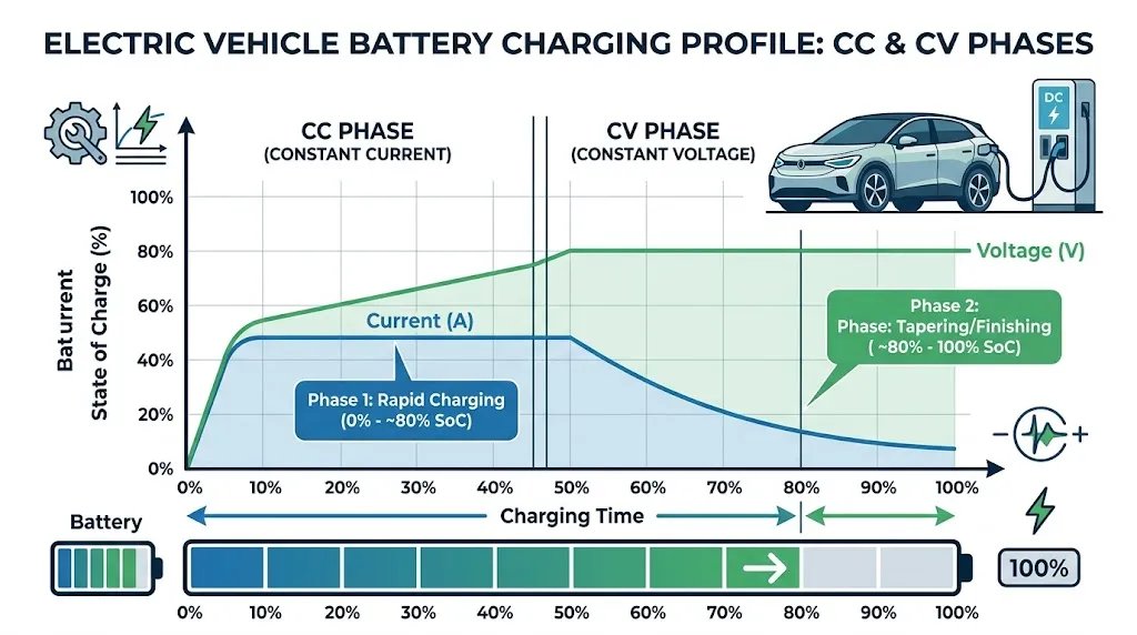 Graph illustrating the transition from Constant Current to Constant Voltage phases during EV battery charging