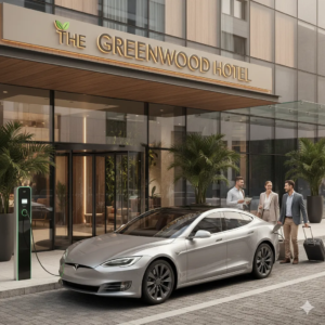 Hotel EV charging map and mobile app interface showing available stations across major European cities