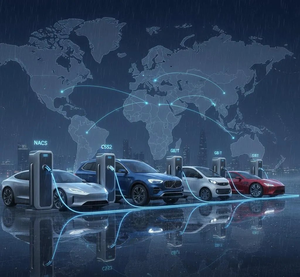 Driver using a NACS to CCS1 EV charging adapter at a Tesla Supercharger station in 2026