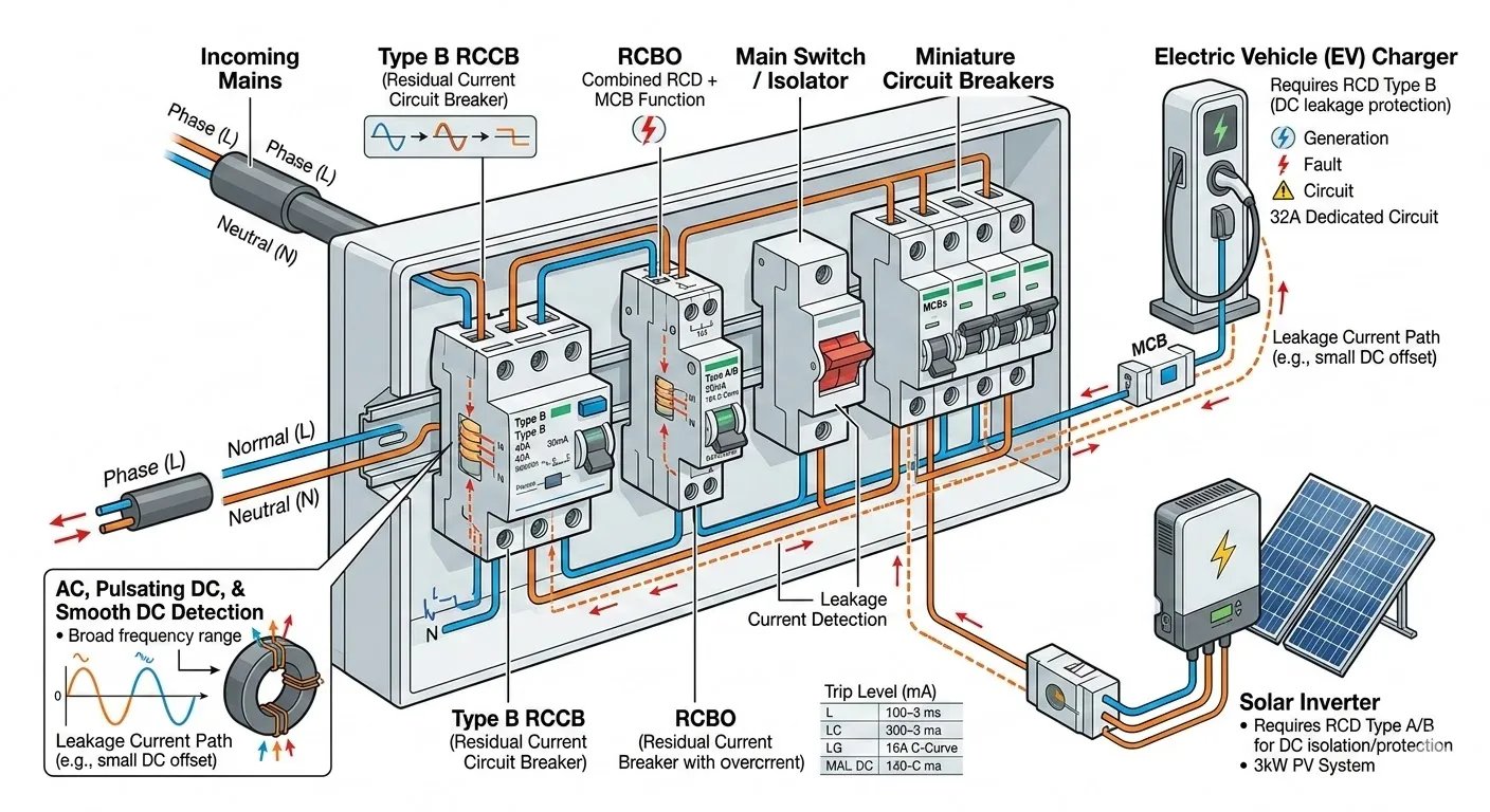 Comparison of Type A and Type B RCD internals showing different detection mechanisms