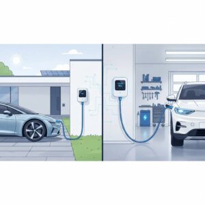 Compact portable EV charger plugged into a standard 240V outlet in a garage