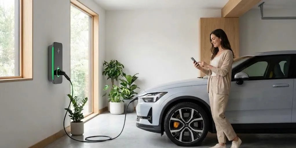 EV charging app dashboard on a smartphone in a modern electric vehicle showing charging status and battery level