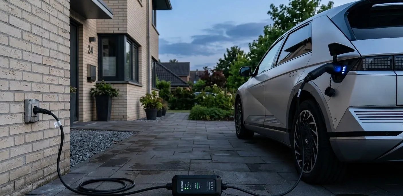 Diagram showing a granny charger plugged into a household wall socket and connected to an EV for overnight charging