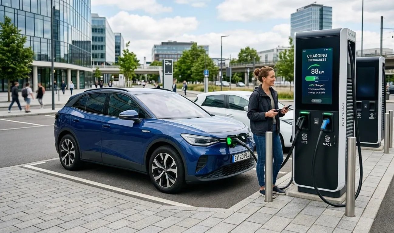 Smartphone showing the Electrify America charging app with a map of available fast charging stations nearby
