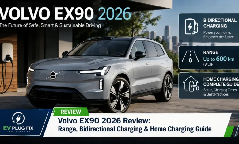 2026 Volvo EX90 electric SUV charging at home with go-e Charger Gemini wallbox in modern garage setting