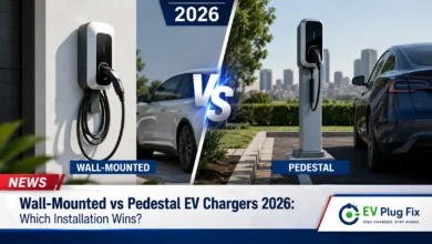 Modern wall-mounted and pedestal EV chargers installed side-by-side in a commercial parking lot in 2026