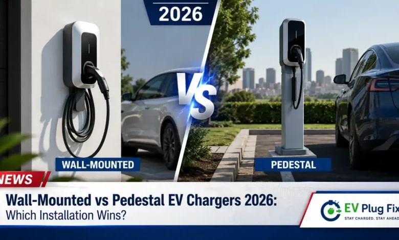 Modern wall-mounted and pedestal EV chargers installed side-by-side in a commercial parking lot in 2026