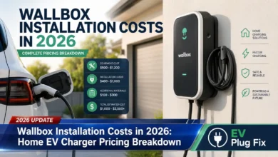 Professional wallbox installation on a residential garage wall with an electrician mounting the EV charging unit
