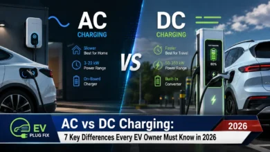 Close up of an electric vehicle being charged with both AC and DC charging cables connected, highlighting the difference in plug sizes and connector types