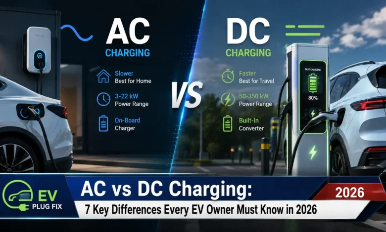 Close up of an electric vehicle being charged with both AC and DC charging cables connected, highlighting the difference in plug sizes and connector types