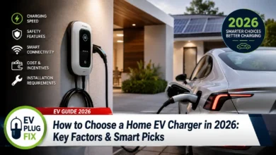 Modern smart home EV charger being plugged into an electric vehicle in a residential garage in 2026