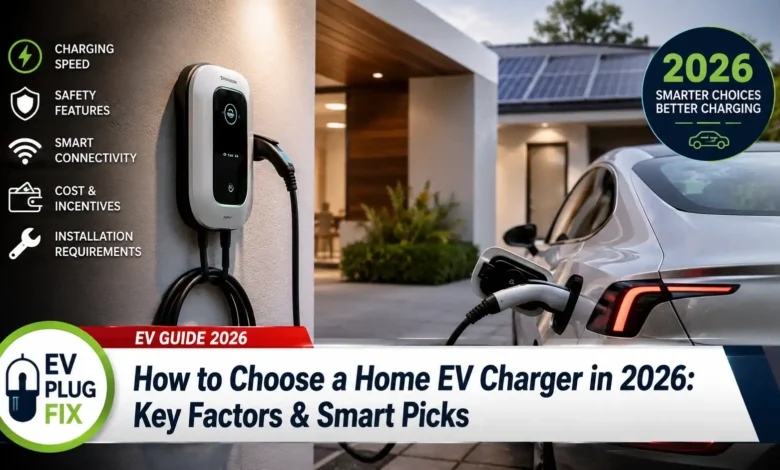 Modern smart home EV charger being plugged into an electric vehicle in a residential garage in 2026