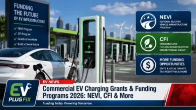 Commercial EV charging station project with funding documents, grant applications, and incentive program guidelines spread across a planning table in 2026