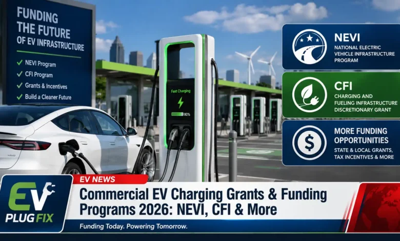 Commercial EV charging station project with funding documents, grant applications, and incentive program guidelines spread across a planning table in 2026