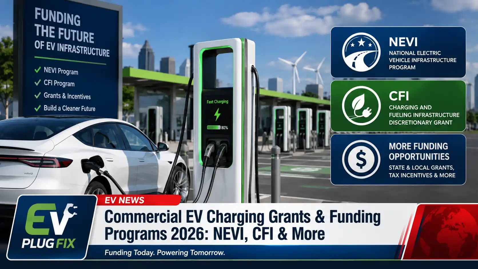 Commercial EV charging station project with funding documents, grant applications, and incentive program guidelines spread across a planning table in 2026