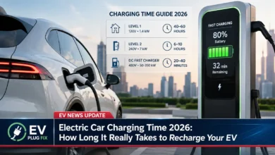 Modern electric car plugged into a Level 2 home charging station in a residential garage, showing a charging cable connected to the vehicle port