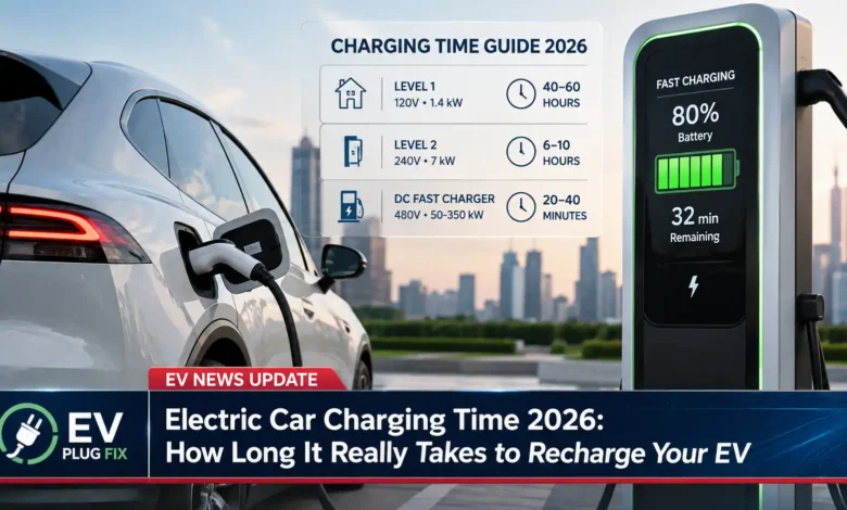 Modern electric car plugged into a Level 2 home charging station in a residential garage, showing a charging cable connected to the vehicle port